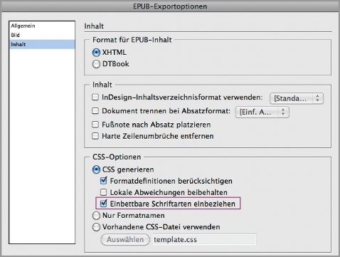 EPUB-Exportoptionen: Einbettbare Schriftarten einbeziehen