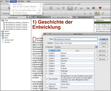Sigil: Metadaten bearbeiten unter »Tools → Meta Editor«