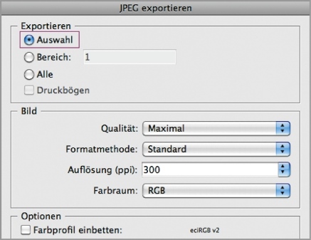 JPEG exportieren: »Auswahl« klicken
