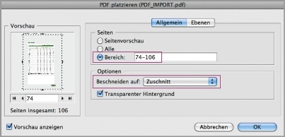 Seitenbereiche und Beschneidungsrahmen wählen