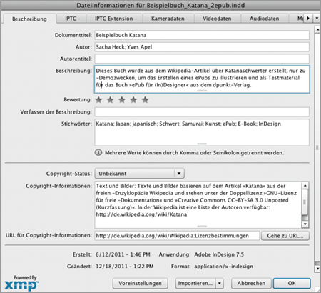 in InDesign Menü »Datei → Dateiinformationen«