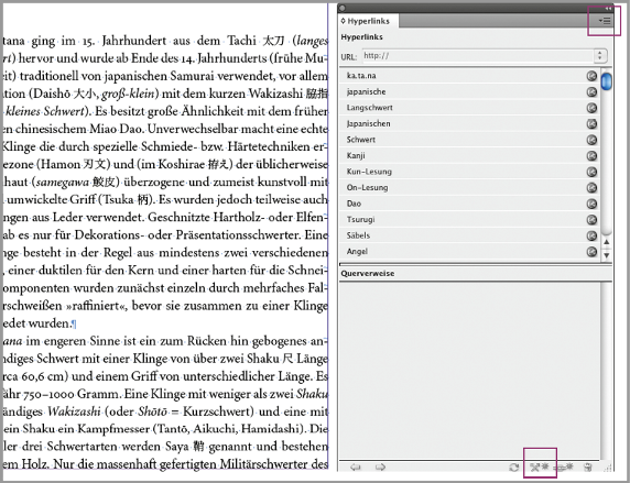 Hyperlinks-Bedienfeld ist in »Hyperlinks« und »Querverweise« unterteilt