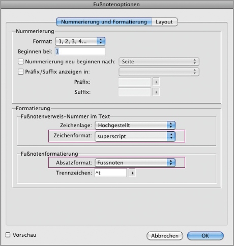 Fußnotenoptionen