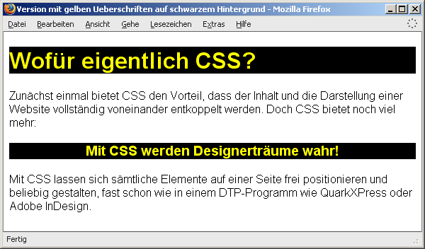 Die Seite mit gelb-schwarzen Überschriften