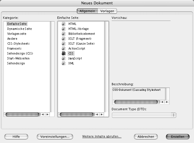 Neue CSS-Datei in Dreamweaver anlegen