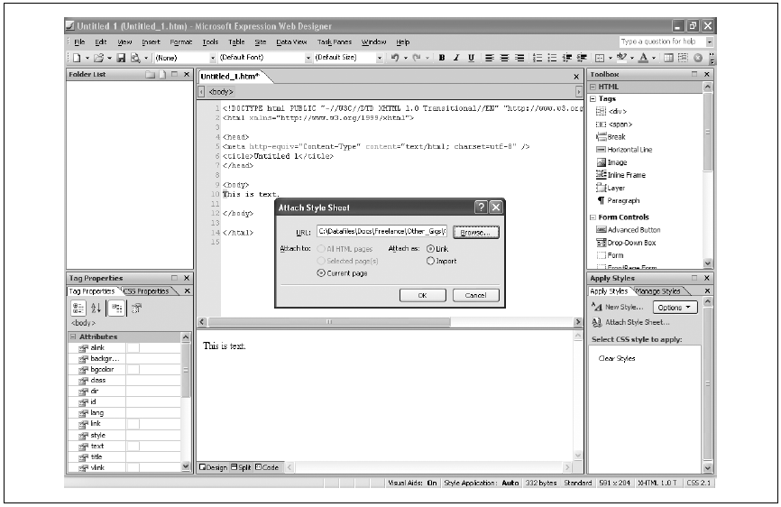 In Microsoft Expression Web Designer Registerkarte Apply Styles verwenden, um externes Stylesheet einzubinden