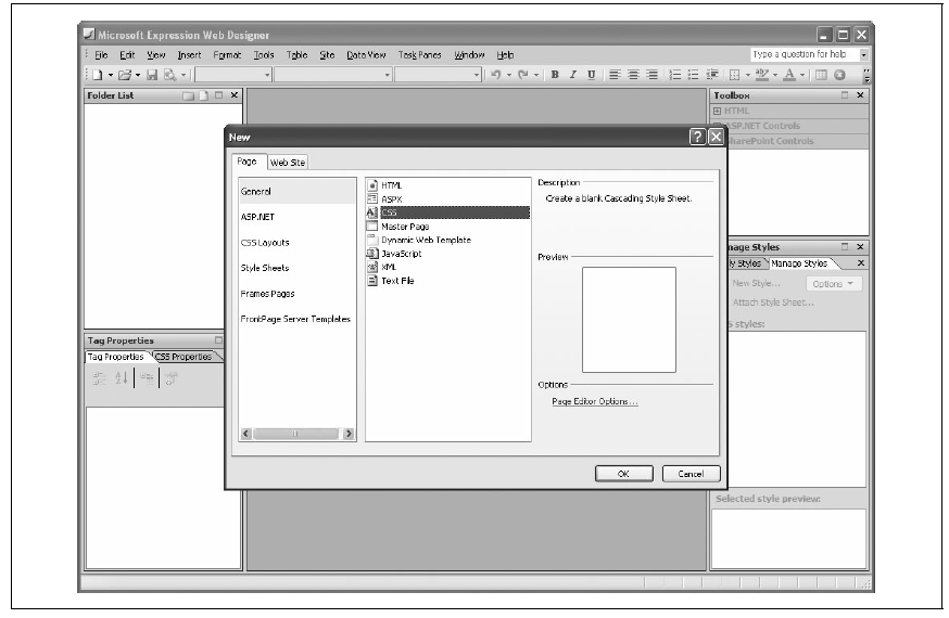 Anlegen neuer CSS-Datei in Microsoft Expression Web Designer