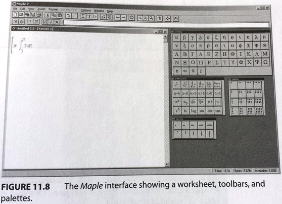 Maple interface showing a worksheet, toolbars, and palettes