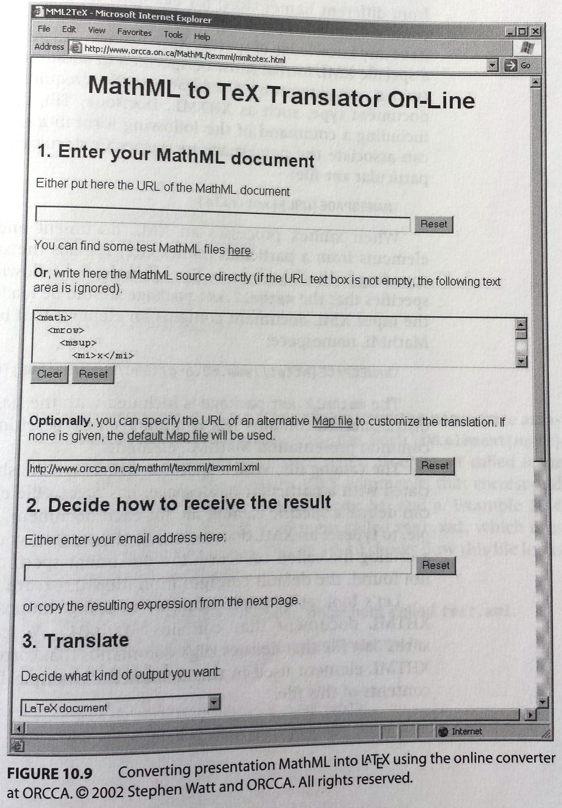 Converting presentation MathML into LaTeX with the ORCCA online converter