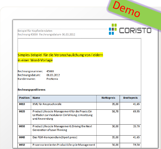 Coristo WordXML-AddIn: Ergebnis