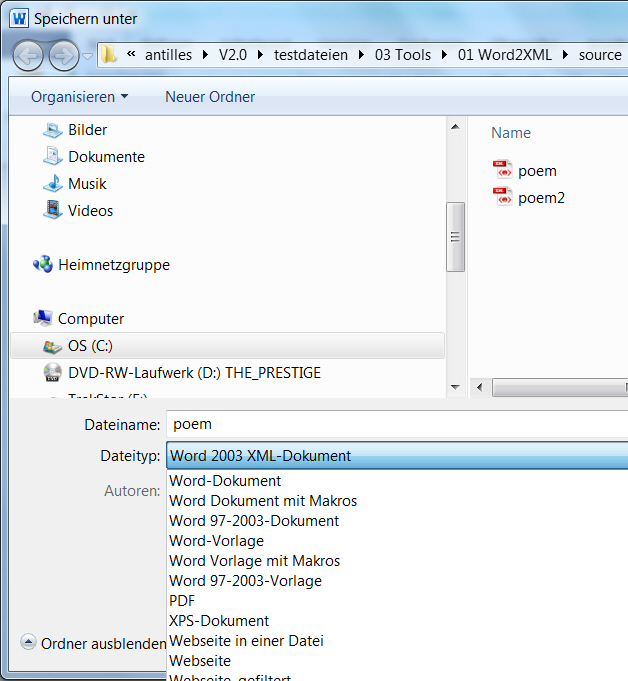 Microsoft Word: Speichern unter... - Dateityp Word 2003 XML-Dokument Fenster Speichern unter - Dateityp Word 2003 XML-Dokument