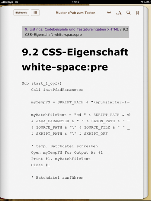 Code-Beispiel mit CSS-Eigenschaft white-space: pre (iBooks)