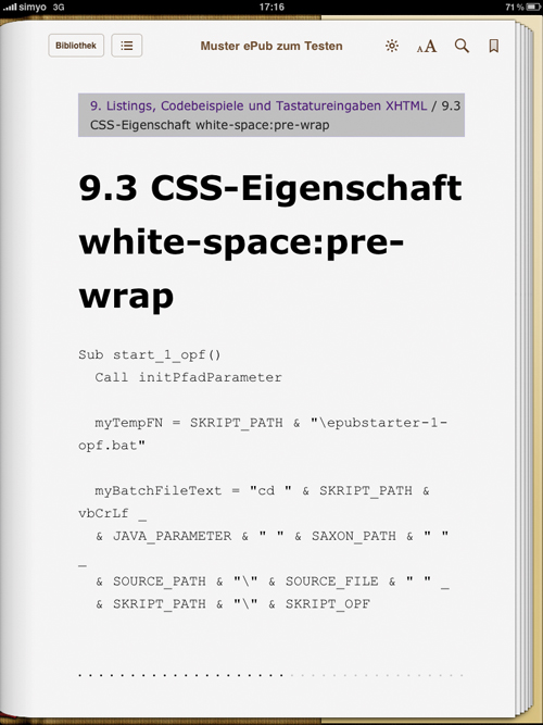 Code-Beispiel mit CSS-Eigenschaft white-space: pre-wrap (iBooks)