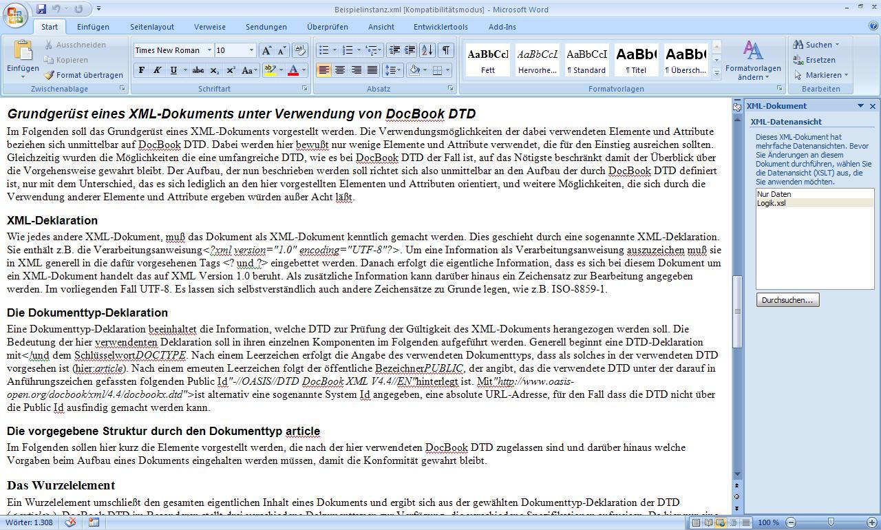 Mit Hilfe des passenden Stylesheets wird das XML-Dokument als Word-Dokument angezeigt.