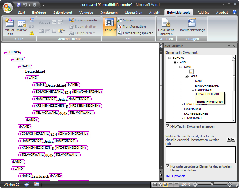 Die Oberfläche des XML-Editors, der in Word integriert ist.